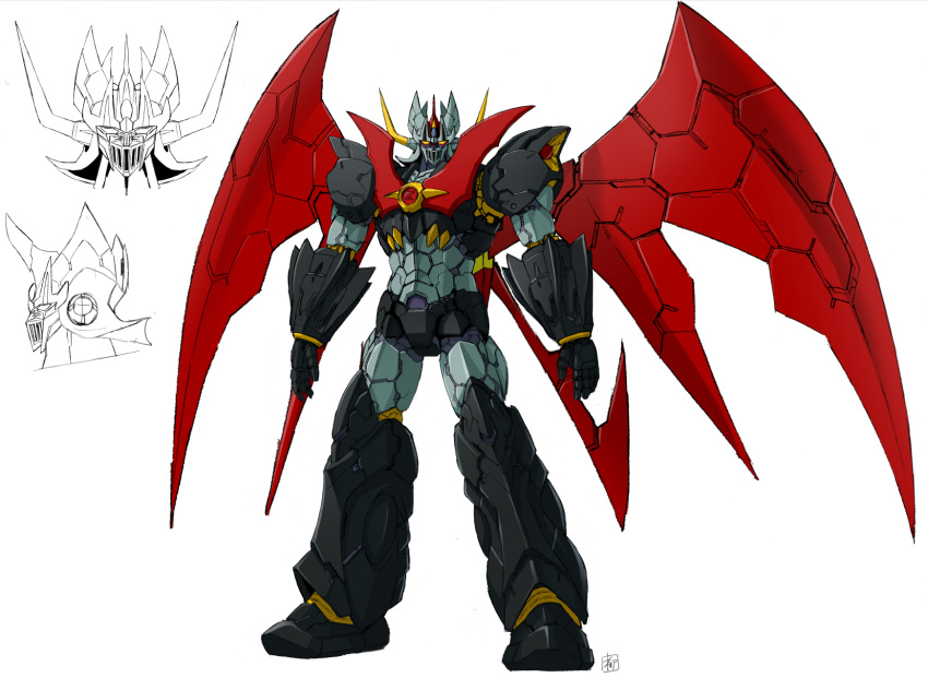 highres looking_at_viewer mazinger_(series) mazinger_z mazinger_z:_infinity mazinkaiser mazinkaiser_(robot) mecha mechanical_wings no_humans official_art open_hands reference_sheet robot science_fiction super_robot white_background wings yanase_takayuki yellow_eyes