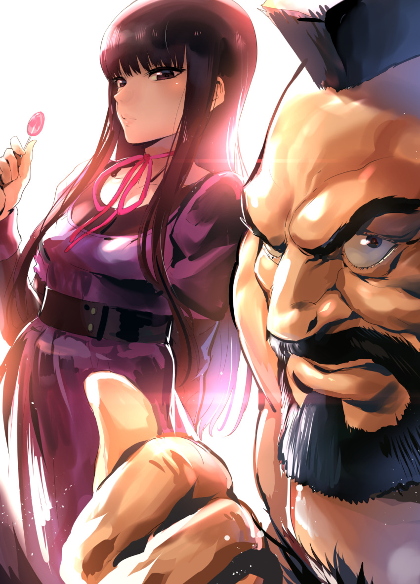 1boy aged_up backlighting bad_id bad_pixiv_id beard belt black_eyes black_hair candy chest_hair dress facial_hair female food high_score_girl highres hime_cut ikuchan_kaoru lens_flare light_particles lollipop long_hair looking_at_viewer mohawk oono_akira pointing street_fighter zangief