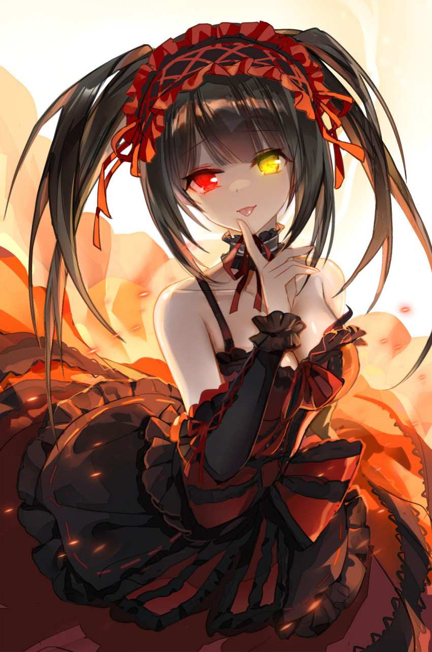 bare_shoulders black_hair breasts cleavage clock_eyes collarbone date_a_live detached_sleeves dress female gekka_nanako hairband heterochromia highres index_finger_raised lolita_fashion lolita_hairband long_hair looking_at_viewer medium_breasts red_dress red_eyes revision shiny_skin smile solo symbol-shaped_pupils tokisaki_kurumi tongue tongue_out twintails yellow_eyes