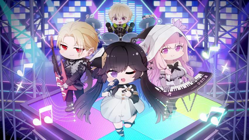 4girls 5boys absurdres ayla:_brilliance_(lost_butterfly)_(punishing:_gray_raven) ayla_(punishing:_gray_raven) band black_hair blonde_hair blue_hair camu_(punishing:_gray_raven) chibi chinese_commentary chrome:_glory_(nosferatu)_(punishing:_gray_raven) chrome_(punishing:_gray_raven) commentary dress drum drum_set drumsticks earrings electric_guitar guitar hair_ornament headphones highres instrument jewelry kamui:_bastion_(punishing:_gray_raven) kamui_(punishing:_gray_raven) keyboard_(instrument) lee:_entropy_(punishing:_gray_raven) lee_(punishing:_gray_raven) liv:_lux_(punishing:_gray_raven) liv_(punishing:_gray_raven) long_hair long_sleeves lucia:_plume_(eventide_glow)_(punishing:_gray_raven) lucia_(punishing:_gray_raven) microphone multiple_boys multiple_girls official_alternate_costume pink_hair punishing:_gray_raven purple_eyes red_eyes selena:_capriccio_(punishing:_gray_raven) selena_(punishing:_gray_raven) stage wanshi_(punishing:_gray_raven) yuemoe