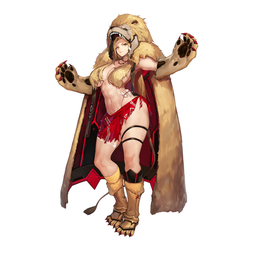 animal_feet animal_hands ankle_boots bandaged_leg bandages blonde_hair bodypaint boots breasts cape claws closed_mouth female full_body fur_boots game_cg gloves hair_censor highres jam_(nandade) jewelry large_breasts last_origin leather leather_boots lion_hood lion_tail long_hair looking_at_viewer micro_panties necklace oerba_yun_fang official_art panties paw_gloves paw_shoes queen_of_mane red_panties red_sarong sarong simple_background smile solo tachi-e tail thigh_strap third-party_source topless torn_clothes torn_sarong transparent_background underwear yellow_eyes