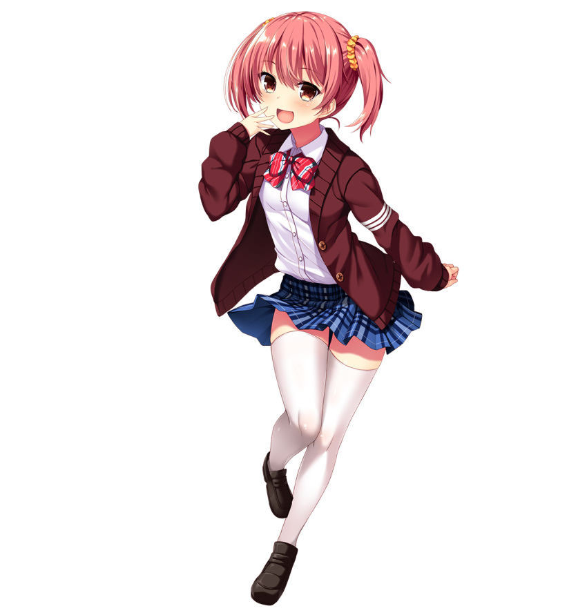 black_footwear blue_skirt blush bow bowtie brown_eyes cardigan dress_shirt female full_body highres loafers long_sleeves mayonnaise_(ringo_gakuen) miniskirt official_art open_cardigan open_clothes open_mouth photoshop_(medium) pink_hair plaid plaid_skirt pleated_skirt real_eroge_situation!_2 shirt shirt_tucked_in shoes short_hair skirt solo tachi-e thighhighs tokitou_rino transparent_background twintails white_shirt white_thighhighs zettai_ryouiki