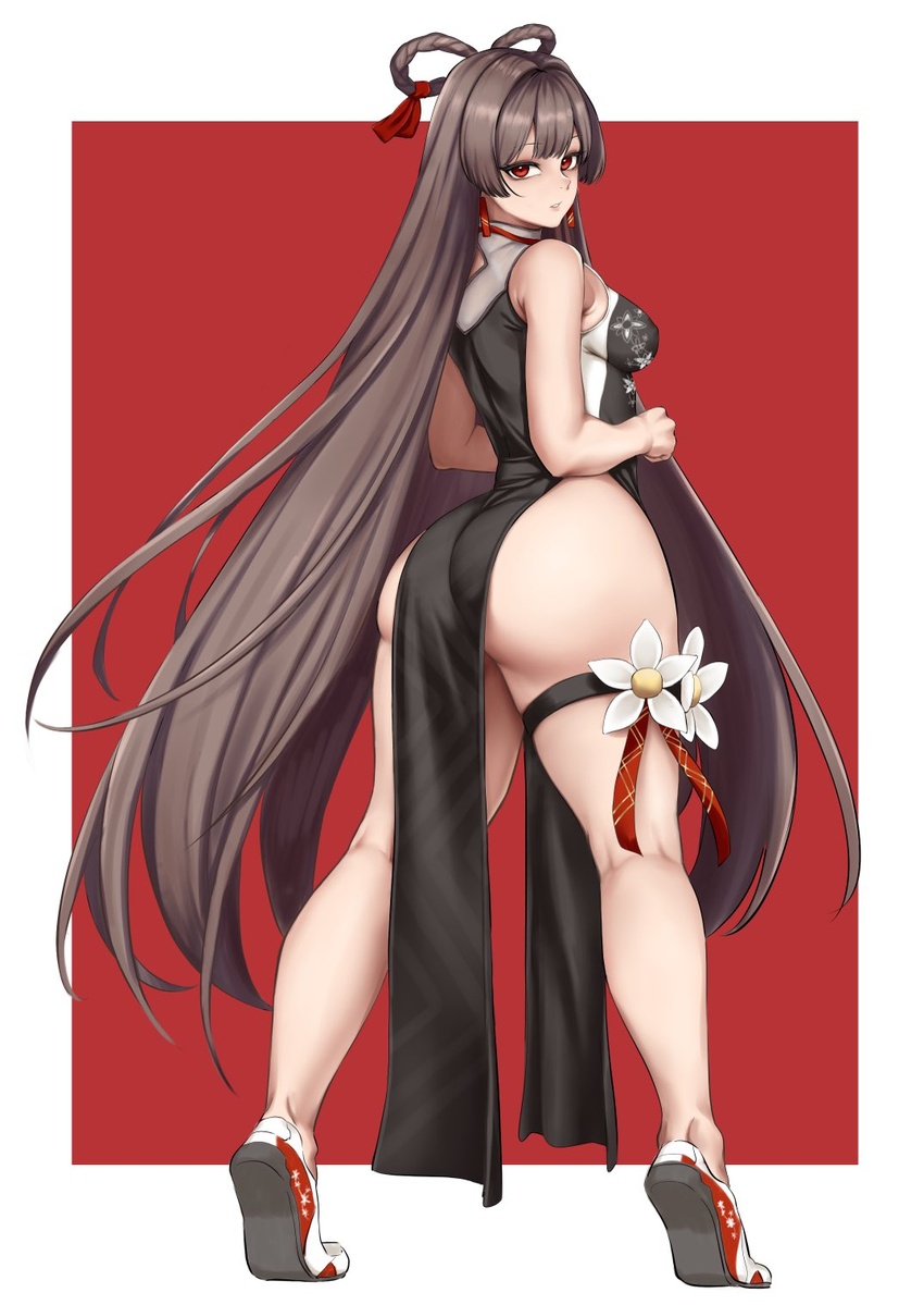 ass bare_shoulders black_gloves braid breasts brown_hair china_dress chinese_clothes dress female flower from_behind fujita_ichi gloves goddess_of_victory:_nikke hair_ribbon hair_rings half_gloves highleg highleg_dress highres long_hair medium_breasts navel red_eyes ribbon shoes sneakers solo thigh_strap twin_braids very_long_hair yan_(nikke)