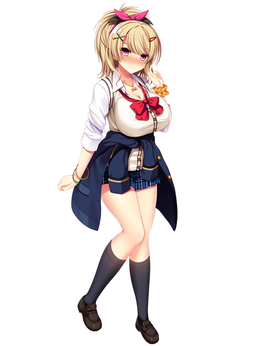 black_flower black_socks blonde_hair blue_skirt blush bracelet breasts cleavage clothes_around_waist female flower full_body hair_ornament hairclip highres huge_breasts jacket jacket_around_waist jewelry kneehighs loafers mayonnaise_(ringo_gakuen) miniskirt necklace official_art photoshop_(medium) pink_eyes plaid plaid_skirt pleated_skirt real_eroge_situation!_2 ribbon rindou_nao shoes skirt smile socks solo star_(symbol) star_necklace tachi-e transparent_background wrist_cuffs