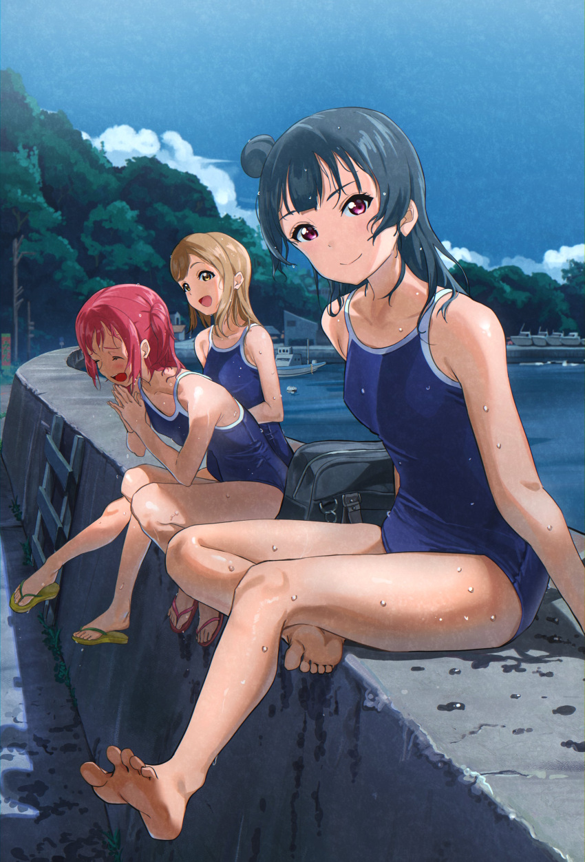 3girls absurdres aqua_eyes bag barefoot blue_hair blue_one-piece_swimsuit blue_sky brown_hair cloud competition_school_swimsuit dam day feet full_body hair_bun highres kunikida_hanamaru kurosawa_ruby legs long_hair love_live! love_live!_sunshine!! moshika28 multiple_girls one-piece_swimsuit outdoors red_eyes red_hair sandals school_swimsuit short_hair single_side_bun sitting sky swimsuit thighs tsushima_yoshiko