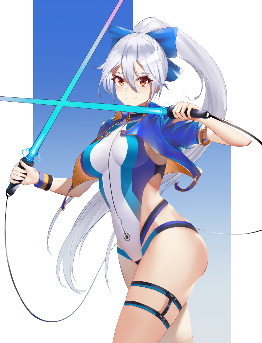 absurdres blue_background blue_bow blue_jacket blue_one-piece_swimsuit bow competition_swimsuit cropped_jacket crossed_swords dual_wielding energy_sword fate/grand_order fate_(series) female hair_between_eyes hairbow highleg highleg_swimsuit highres holding holding_sword holding_weapon jacket long_hair multicolored_clothes multicolored_swimsuit one-piece_swimsuit open_clothes open_jacket ponytail rausu_(undeadmachine) red_eyes short_sleeves smile solo striped_clothes striped_one-piece_swimsuit striped_wristband swimsuit sword thigh_strap tomoe_gozen_(fate) tomoe_gozen_(swimsuit_saber)_(fate) tomoe_gozen_(swimsuit_saber)_(first_ascension)_(fate) two-tone_background very_long_hair weapon white_background white_hair white_one-piece_swimsuit wristband