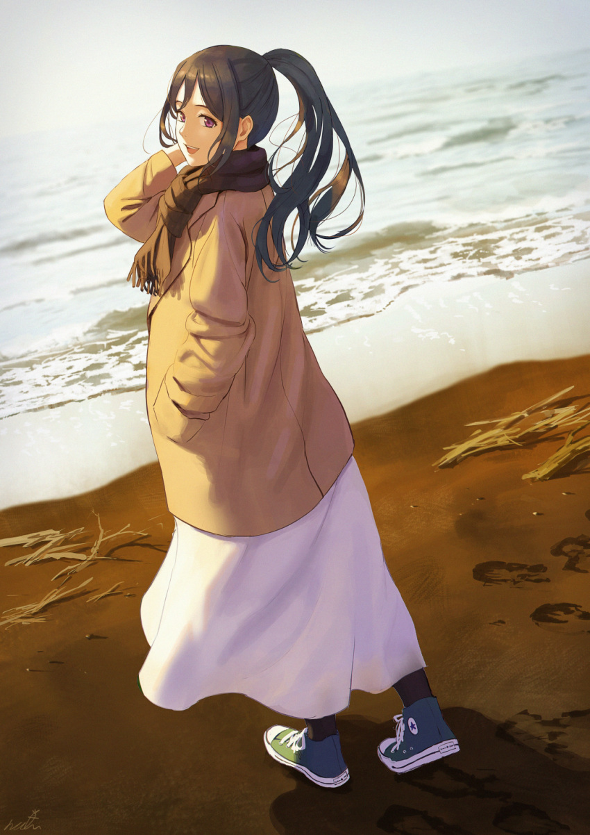 bad_id bad_pixiv_id beach black_scarf blue_hair brown_coat coat commentary converse dark_blue_hair female from_behind full_body green_footwear hand_in_pocket hand_up highres long_hair long_skirt looking_at_viewer looking_back love_live! love_live!_sunshine!! matsuura_kanan open_mouth outdoors pantyhose papi_(papiron100) ponytail purple_eyes scarf shoes signature skirt smile sneakers solo sunset teeth upper_teeth_only white_skirt