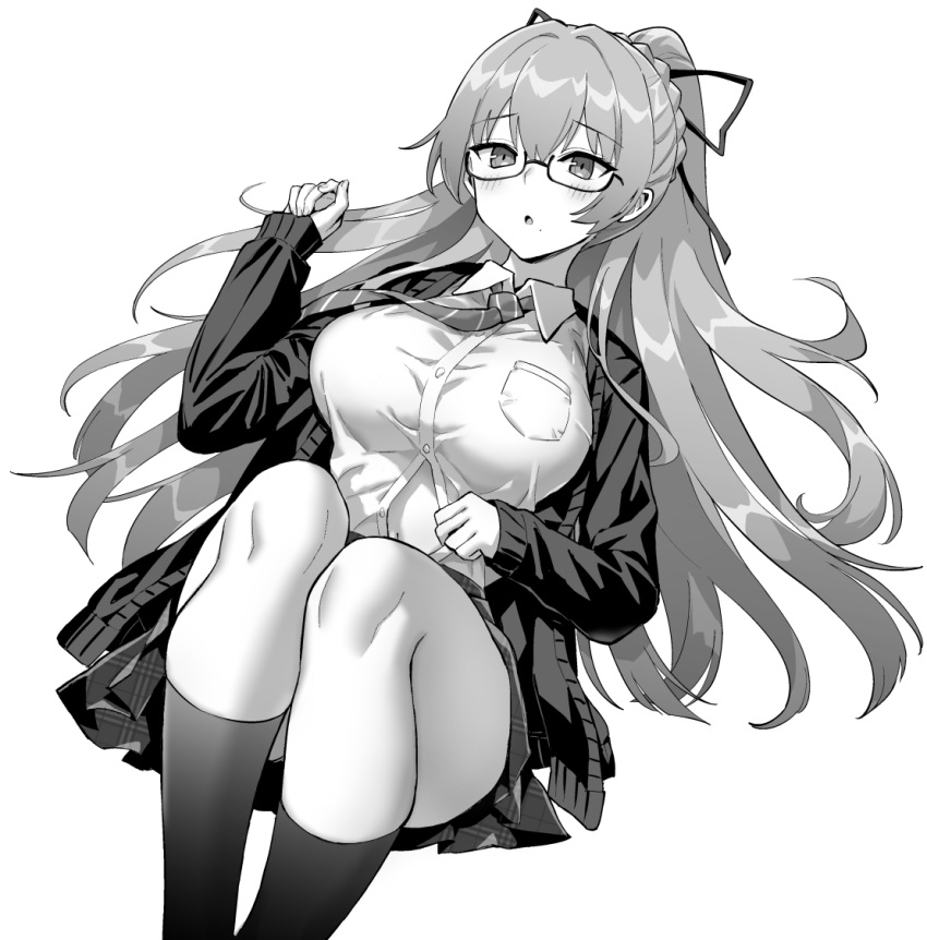 azur_lane breast_pocket breasts commentary female glasses greyscale hair_ribbon hori_(hori_no_su) jacket large_breasts legs_together long_hair long_sleeves lying mole mole_under_mouth monochrome necktie official_alternate_costume official_art on_back open_clothes open_jacket pleated_skirt pocket ponytail ribbon school_uniform skirt socks swiftsure_(azur_lane) swiftsure_(study_hall_cyclamen)_(azur_lane) very_long_hair