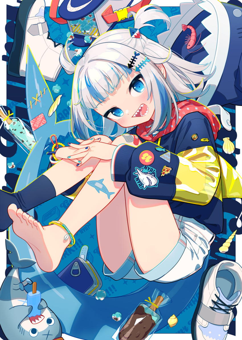 :d ahoge animal_hood aqua_nails bandaid bandaid_on_leg barefoot bloop_(gawr_gura) blue_eyes blue_nails blunt_bangs blush commentary ebi-chan_(gawr_gura) feet female fins fish_tail food foot_out_of_frame gawr_gura hair_ornament highres hololive hololive_english hood hoodie interlocked_fingers knees_together_feet_apart knees_up legs looking_at_viewer multicolored_clothes multicolored_hair multicolored_hoodie nail_polish one_side_up popsicle shark_hair_ornament shark_hood shark_tail sharp_teeth shoes short_hair sidelocks single_sock smile socks soles streaked_hair tail teeth toenail_polish toenails toes uchako unworn_shoes virtual_youtuber white_footwear white_hair