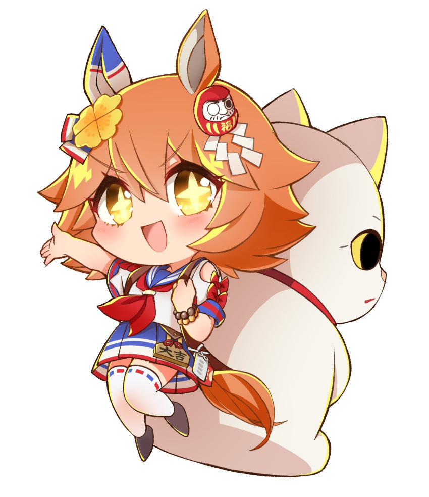 +_+ :d animal_ears backpack bag bead_bracelet beads blush bracelet chibi clothing_cutout clover_hair_ornament daruma_doll ema female hair_ornament highres holding_strap horse_ears horse_girl horse_tail jewelry looking_at_viewer maneki-neko matikanefukukitaru_(umamusume) neckerchief nihudau open_mouth orange_hair outstretched_arm pleated_skirt red_neckerchief sailor_collar school_uniform serafuku shoulder_cutout simple_background skirt smile solo strap tail umamusume v-shaped_eyebrows white_background white_legwear yellow_eyes