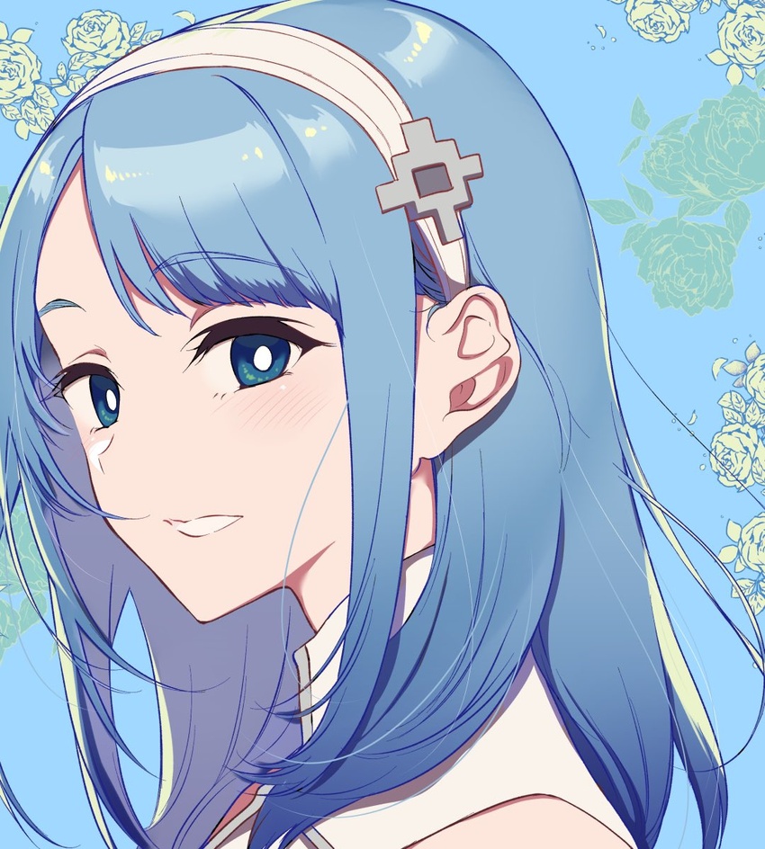 blue_background blue_eyes blue_hair blush bright_pupils female floral_background flower from_side hairband highres long_hair looking_at_viewer looking_to_the_side medhi parted_lips pochi_(pochi-goya) portrait rose smile solo three_quarter_view tsuujou_kougeki_ga_zentai_kougeki_de_ni-kai_kougeki_no_okaasan_wa_suki_desu_ka? white_hairband white_pupils