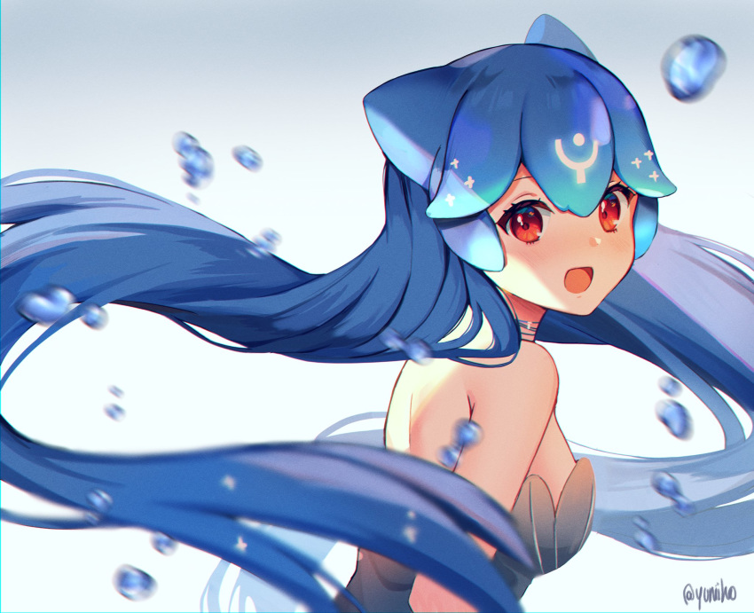 bao_(vtuber) bao_(vtuber)_(1st_costume) bare_shoulders blue_hair dress female glowing highres indie_virtual_youtuber long_hair off-shoulder_dress off_shoulder open_mouth red_eyes simple_background smile solo virtual_youtuber water_drop whale_girl yuniiho