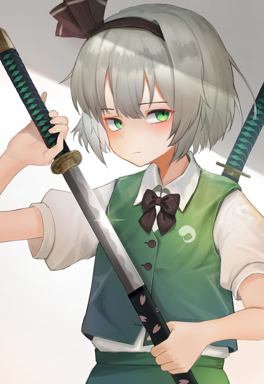 absurdres bad_id bad_twitter_id black_bow black_bowtie black_hairband black_ribbon bow bowtie closed_mouth expressionless female glint green_eyes green_skirt green_vest grey_background grey_hair hair_ribbon hairband henginnnnnn highres konpaku_youmu petal_print puffy_short_sleeves puffy_sleeves ribbon sheath shirt short_hair short_sleeves simple_background skirt solo sword touhou unsheathing upper_body vest weapon white_background white_shirt wing_collar