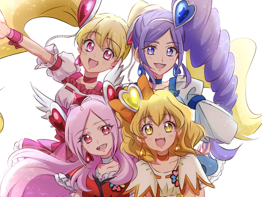 4girls :d aono_miki blonde_hair blue_choker blue_eyes blue_hair blue_skirt blush bow choker commentary_request cure_berry cure_passion cure_peach cure_pine dress earrings eyelashes fpminnie1 fresh_precure! hair_ornament hair_ribbon hairbow happy heart heart_hair_ornament higashi_setsuna highres jewelry long_hair long_sleeves looking_at_viewer magical_girl medium_hair momozono_love multiple_girls open_mouth pink_choker pink_dress pink_eyes pink_hair pink_wrist_cuffs precure puffy_long_sleeves puffy_short_sleeves puffy_sleeves red_dress ribbon short_sleeves simple_background skirt smile twintails white_background white_choker wrist_cuffs yamabuki_inori yellow_choker yellow_eyes