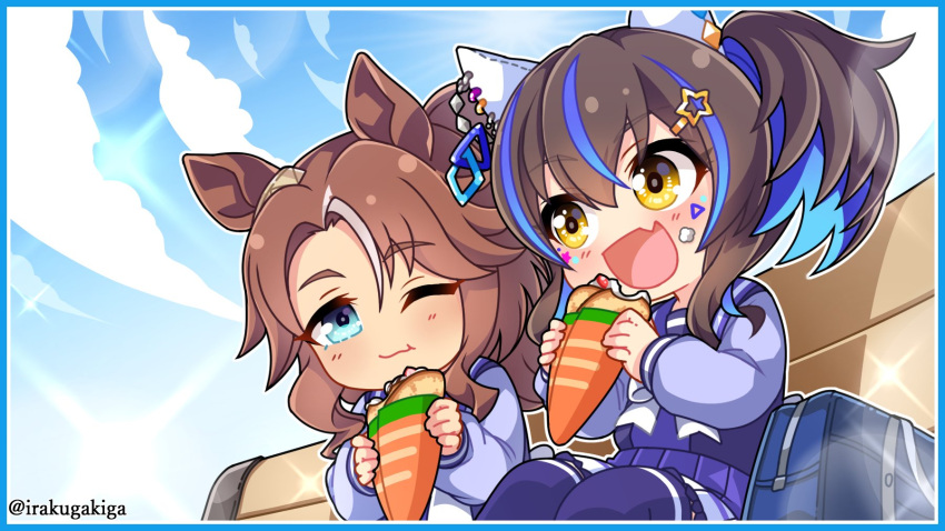 2girls animal_ears bag bench blue_border blue_eyes blue_hair blush border brown_hair chewing chibi closed_mouth cloud cream cream_on_face crepe daitaku_helios_(umamusume) eating food food_on_face hair_ornament hairclip highres holding holding_food horse_ears long_hair long_sleeves mejiro_palmer_(umamusume) multicolored_hair multiple_girls nihudau oerba_yun_fang one_eye_closed ponytail purple_legwear purple_shirt purple_skirt sailor_collar school_bag school_uniform shirt sitting skin_fang skirt smile sparkle thighhighs tracen_school_uniform twitter_username two-tone_hair umamusume yellow_eyes