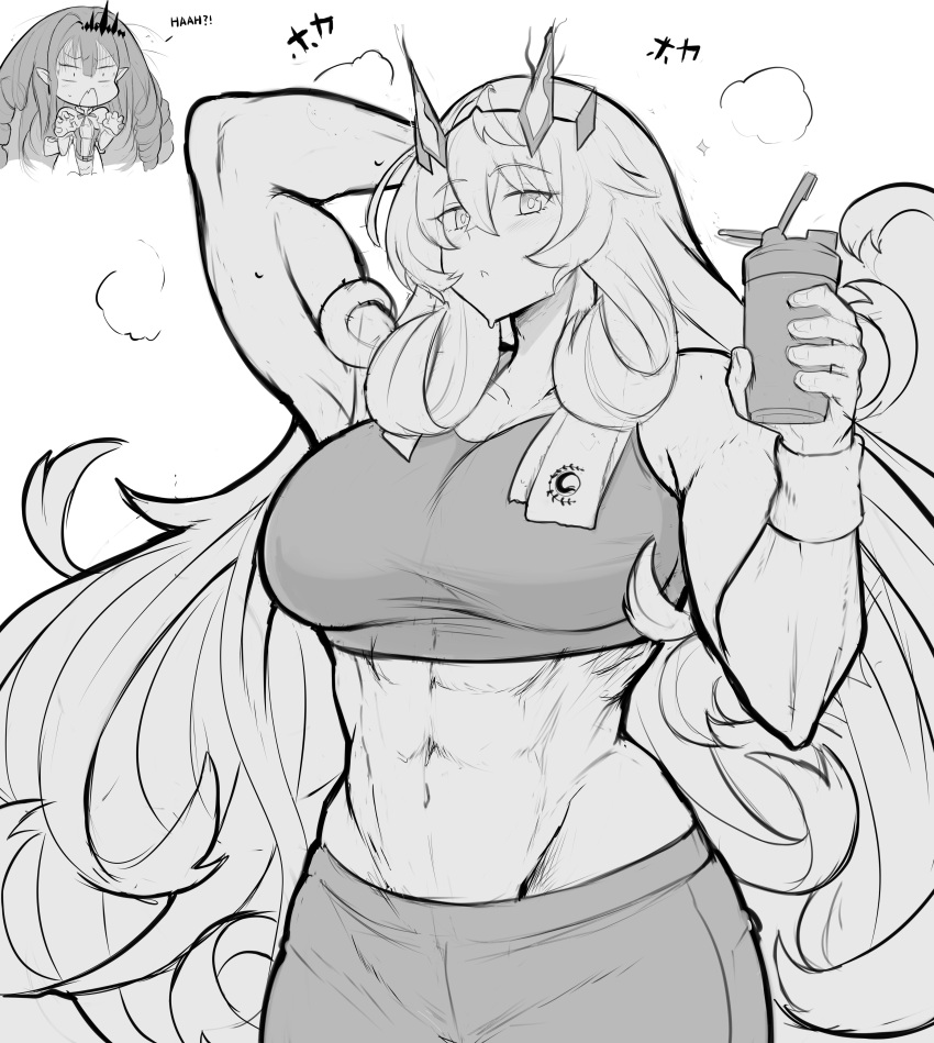 abs absurdres bottle breasts english_text fairy_knight_gawain_(fate) fate/grand_order fate_(series) greyscale highres large_breasts long_hair looking_at_viewer monochrome muscular muscular_female sally_(luna-arts) sports_bra sportswear sweat water_bottle wristband