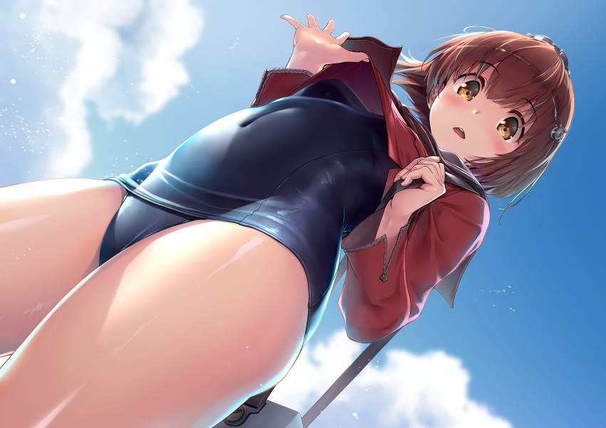 blue_one-piece_swimsuit blush breasts brown_eyes brown_hair clothes_lift cloud covered_navel day female from_below hair_between_eyes hair_ornament headgear highres kantai_collection lifting_own_clothes long_sleeves looking_at_viewer one-piece_swimsuit outdoors parted_lips red_sailor_collar sailor_collar school_swimsuit school_uniform serafuku serasuku shinozuka_jouji shirt_lift short_hair sky small_breasts solo swimsuit swimsuit_under_clothes tan_yang_(kancolle) teeth thighs upper_teeth_only yukikaze_(kancolle)