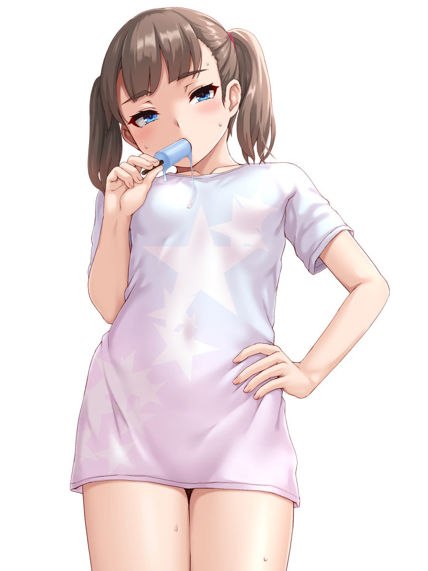 absurdres blue_eyes blush brown_hair commentary_request cowboy_shot eating female flat_chest food hand_on_own_hip highres holding holding_food ice_cream john_doe_shinobu long_shirt looking_at_viewer original popsicle shirt short_sleeves simple_background solo standing star_(symbol) sweat thighs twintails white_background