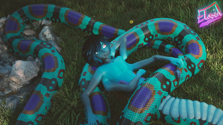 16:9 2020 3d_(artwork) animal_humanoid apode blender_(artwork) blue_body colored_flesh day digital_media_(artwork) draconcopode elasid grass hi_res highlights_(coloring) humanoid lamia legless lying male meadow multi_arm multi_limb multicolored_body nude on_back outside pit_viper plant rattle_(anatomy) rattlesnake relaxing reptile reptile_humanoid scales scalie scalie_humanoid serpentine smile snake snake_humanoid solo split_form text url viper watermark widescreen