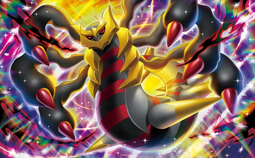 creature full_body gen_4_pokemon giratina giratina_(origin) legendary_pokemon no_humans official_art pokemon pokemon_(creature) pokemon_trading_card_game red_eyes solo sparkle tsutsui_misa wings