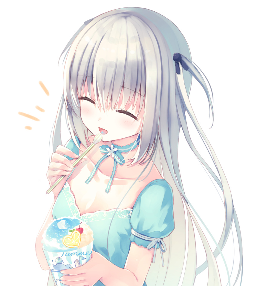 :d ^_^ blue_bow blue_dress blush bow closed_eyes collarbone commentary_request cup disposable_cup dress drinking_straw facing_viewer female flower food food_in_mouth hair_between_eyes hair_ornament highres holding holding_cup holding_drinking_straw holding_spoon humuyun long_hair notice_lines open_mouth original puffy_short_sleeves puffy_sleeves rabbit_hair_ornament shaved_ice short_sleeves simple_background smile solo spoon spoon_straw two_side_up very_long_hair white_background white_flower white_hair