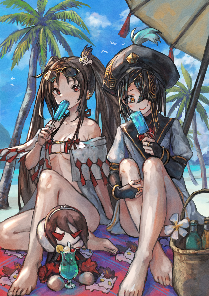 2girls absurdres bare_shoulders barefoot basket bikini bird black_gloves black_hair blue_sky bottle breasts character_doll cloud cup drinking_glass earrings eating eyewear_on_head fate/grand_order fate_(series) feet food gloves hair_ornament hair_over_one_eye hat highres jewelry knee_up knees_up legs long_hair mole mole_under_eye multiple_girls orange_eyes outdoors palm_tree popsicle red_bikini red_eyes sabamiso_taro seagull short_hair sitting sky smile sunglasses swimsuit toenails toes tree twintails very_long_hair xu_fu_(fate) yu_mei-ren_(fate) yu_mei-ren_(swimsuit_lancer)_(fate)