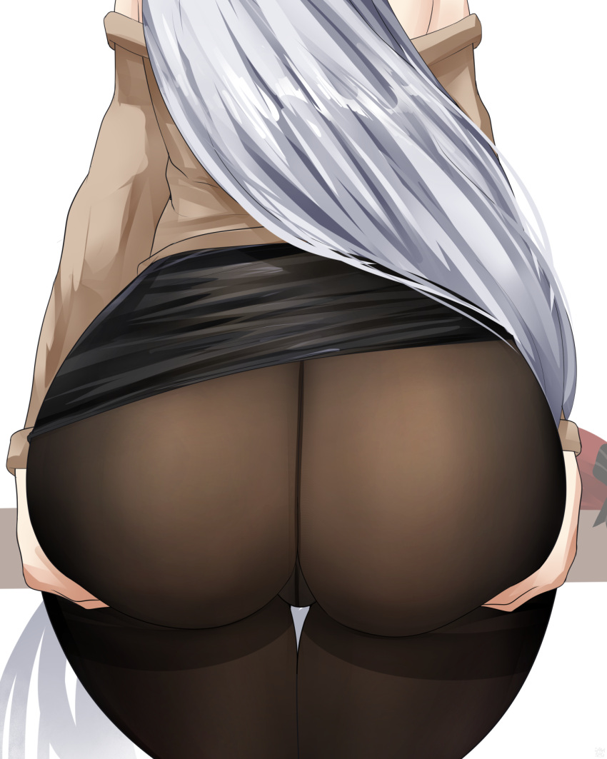 ass ass_focus ass_grab azur_lane belfast_(azur_lane) belfast_(shopping_with_the_head_maid)_(azur_lane) black_skirt brown_pantyhose brown_sweater chinese_commentary crotch_seam female from_behind grabbing_own_ass grey_hair highres long_hair lower_body miniskirt off-shoulder_sweater off_shoulder official_alternate_costume pantyhose pencil_skirt sana!rpg simple_background skirt solo sweater thigh_gap thighband_pantyhose very_long_hair white_background