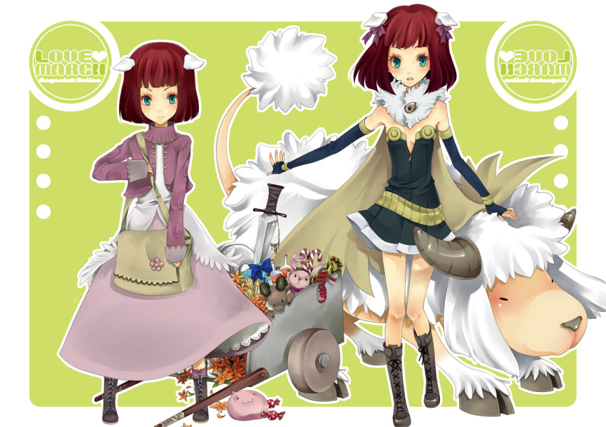 :3 age_progression alchemist_(ragnarok_online) amistr_(ragnarok_online) animal_ears bag baphomet_(ragnarok_online) blue_bow blue_gloves boots bow brown_cape brown_footwear candy candy_cane cape character_doll closed_mouth comiket_76 commentary_request cover cover_page cross-laced_footwear dog_ears doujin_cover dress elbow_gloves female fingerless_gloves flower food full_body fur_collar gloves grey_dress hairbow jacket looking_at_viewer magatama merchant_(ragnarok_online) open_mouth orange_flower party_popper pink_jacket pink_skirt poring potion pullcart purple_bow ragnarok_online red_hair red_ribbon ribbon sheep shirt short_dress short_hair skirt slime_(creature) strapless strapless_dress stuffed_animal stuffed_rabbit stuffed_toy sword weapon white_shirt yutsuki