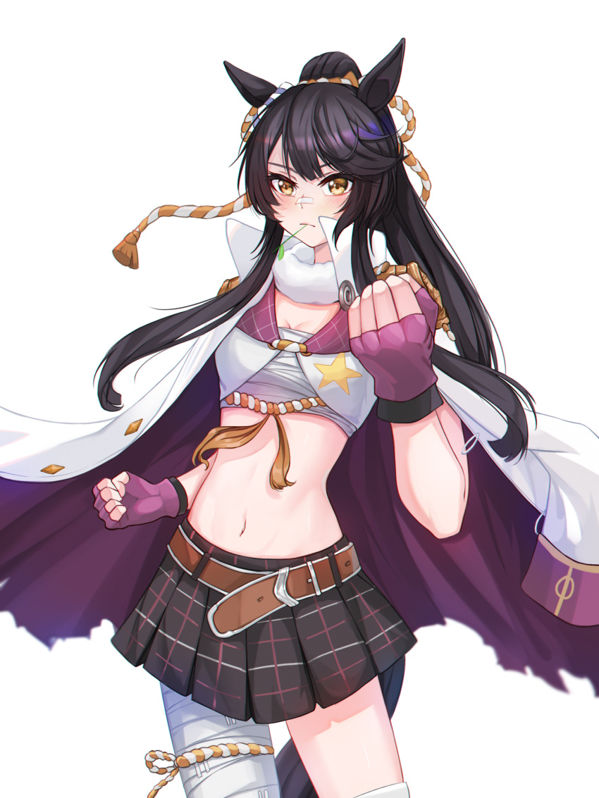 animal_ears bad_id bad_pixiv_id bandaged_leg bandages bandaid bandaid_on_face bandaid_on_nose black_hair black_skirt breasts cleavage clenched_hands closed_mouth coat coat_on_shoulders commentary_request cowboy_shot crop_top ear_ornament female fingerless_gloves fur_collar gloves hand_up highres horse_ears horse_girl horse_tail long_hair looking_at_viewer md5_mismatch midriff mouth_hold narita_brian_(umamusume) navel pink_gloves plaid plaid_skirt pleated_skirt ponytail reiku09 rope sarashi shimenawa shirt sidelocks simple_background skirt small_breasts solo stalk_in_mouth standing star_(symbol) star_print tail thigh_strap umamusume white_background white_coat white_shirt yellow_eyes