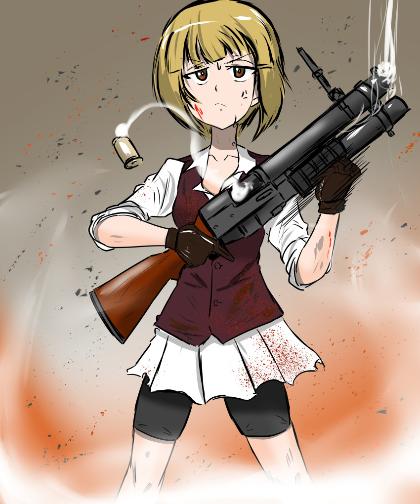 absurdres anger_vein bartender bike_shorts black_gloves blonde_hair blood blood_on_clothes blood_on_face blood_splatter blunt_bangs bob_cut brown_eyes brown_vest china_lake closed_mouth commentary cutlass_(girls_und_panzer) dress_shirt female frown girls_und_panzer gloves grenade_launcher gun highres holding holding_weapon long_sleeves looking_at_viewer maid_headdress miniskirt moesenyukikaze motion_blur pleated_skirt school_uniform shell_casing shirt short_hair shorts shorts_under_skirt skirt sleeves_rolled_up smoke solo standing sweatdrop trigger_discipline v-shaped_eyebrows vest weapon white_shirt white_skirt wing_collar