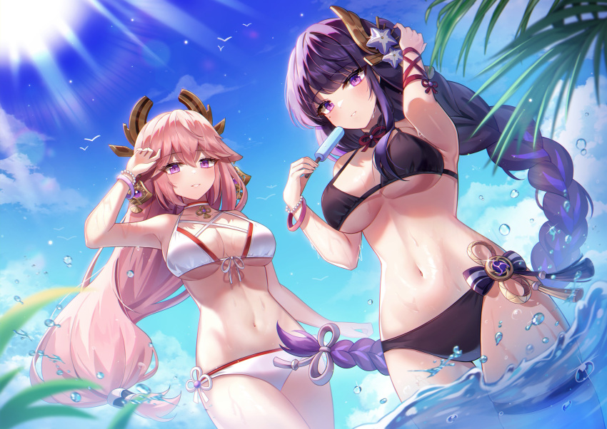 2girls absurdres animal_ears armpits blush braid breasts choker cleavage earrings food fox_ears front-tie_top genshin_impact hair_between_eyes hair_ornament hayun highres jewelry large_breasts long_hair looking_at_viewer low-braided_long_hair low-tied_long_hair mole mole_under_eye multiple_girls navel outdoors panties pink_hair popsicle purple_eyes purple_hair raiden_shogun side-tie_panties smile swimsuit tassel thighs underwear very_long_hair wading wet yae_miko