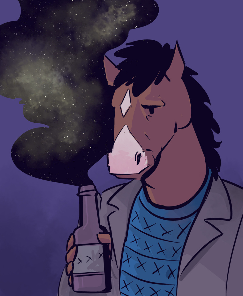 2019 alcohol anthro beer beverage black_mane blue_clothing blue_sweater blue_topwear bojack_horseman bojack_horseman_(character) bottle clothing container diamond_(marking) equid equine facial_markings head_markings hi_res horse ink_pocket jacket male mammal mane markings netflix solo star sweater topwear