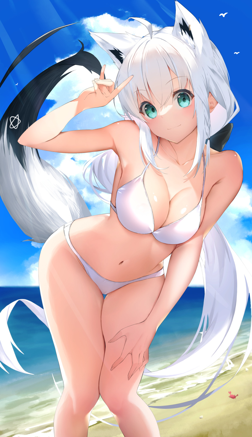 absurdres ahoge animal_ear_fluff animal_ears aqua_eyes bare_arms bare_legs beach bikini blue_sky blush breasts cleavage closed_mouth collarbone commentary day female floating_hair fox_ears fox_girl fox_tail green_eyes hair_between_eyes highres hololive kurogane_tekki leaning_forward long_hair looking_at_viewer medium_breasts navel ocean outdoors shirakami_fubuki sky smile solo standing sunlight swimsuit tail thigh_gap very_long_hair virtual_youtuber white_bikini white_hair