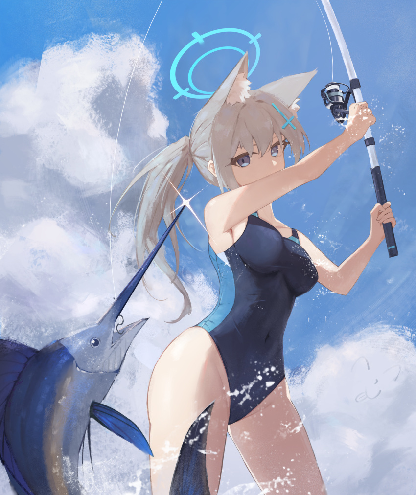 absurdres animal_ear_fluff animal_ears black_one-piece_swimsuit blue_archive blue_eyes blue_sky breasts cloud competition_swimsuit covered_navel cross_hair_ornament day extra_ears female fish fishing fishing_rod grey_hair gu0st hair_ornament halo highres low_ponytail marlin_(fish) medium_breasts medium_hair mismatched_pupils multicolored_clothes multicolored_swimsuit official_alternate_costume one-piece_swimsuit outdoors shiroko_(blue_archive) shiroko_(swimsuit)_(blue_archive) sky solo swimsuit swordfish wolf_ears