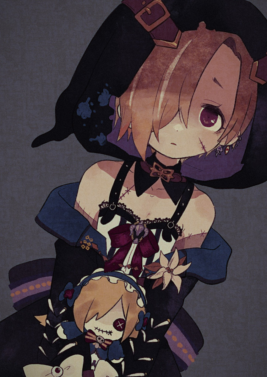 blonde_hair ear_piercing earrings female flower grey_background hair_over_one_eye highres hood idolmaster idolmaster_cinderella_girls jewelry long_sleeves looking_at_viewer no1shyv off_shoulder piercing shirasaka_koume short_hair solo stitches stuffed_toy