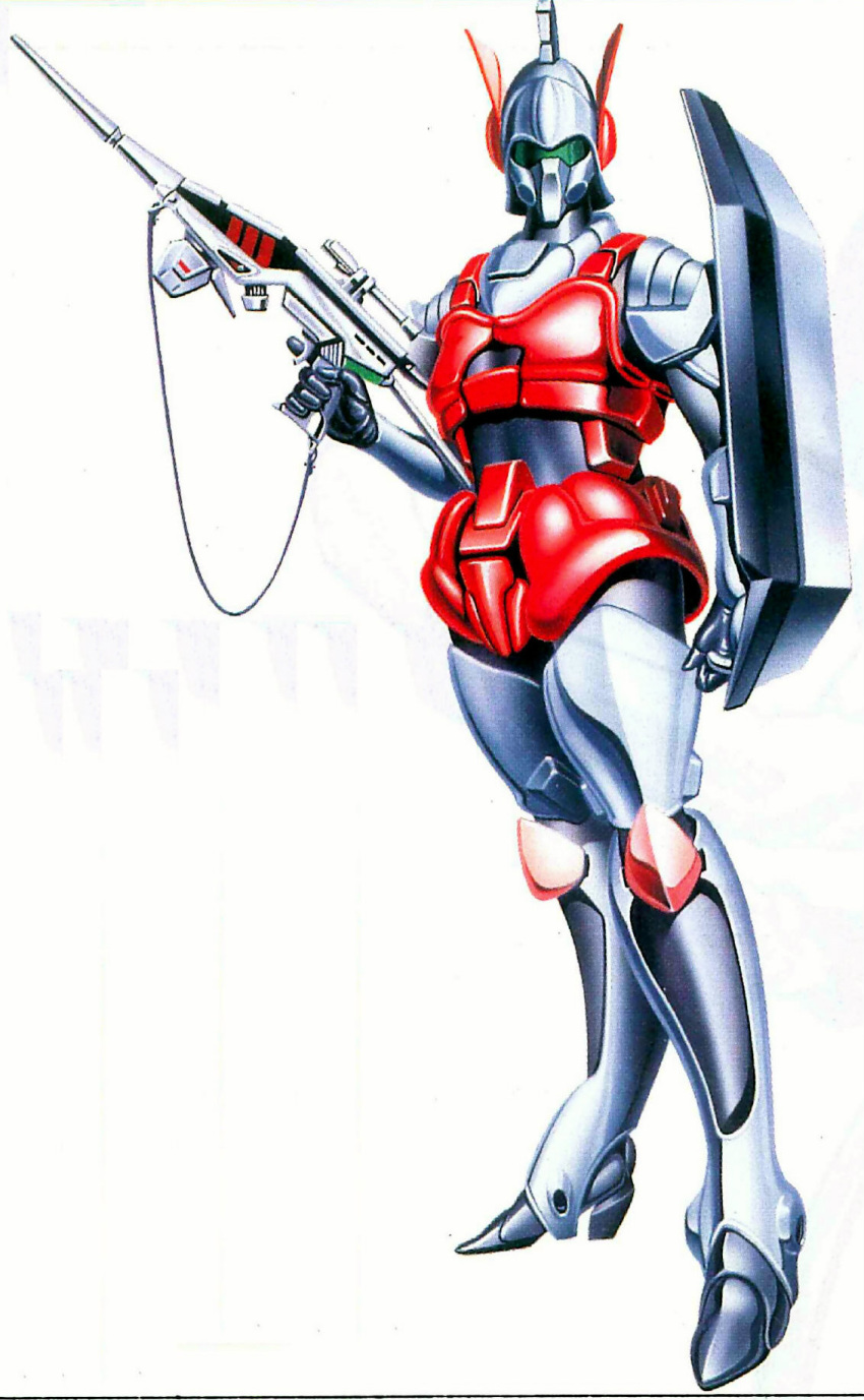 1980s_(style) arming_doublet armor artist_request atac battery battery_indicator beam_rifle body_armor boots box_art choujikuu_kidan_southern_cross energy_gun female finger_on_trigger gloves helmet highres jeanne_francaix looking_at_viewer mask mecha official_art pilot_suit power_suit production_art promotional_art radio_antenna realistic retro_artstyle robot scan science_fiction scope shield shoulder_armor simple_background soldier solo source_request spacesuit strap traditional_media trigger_discipline weapon