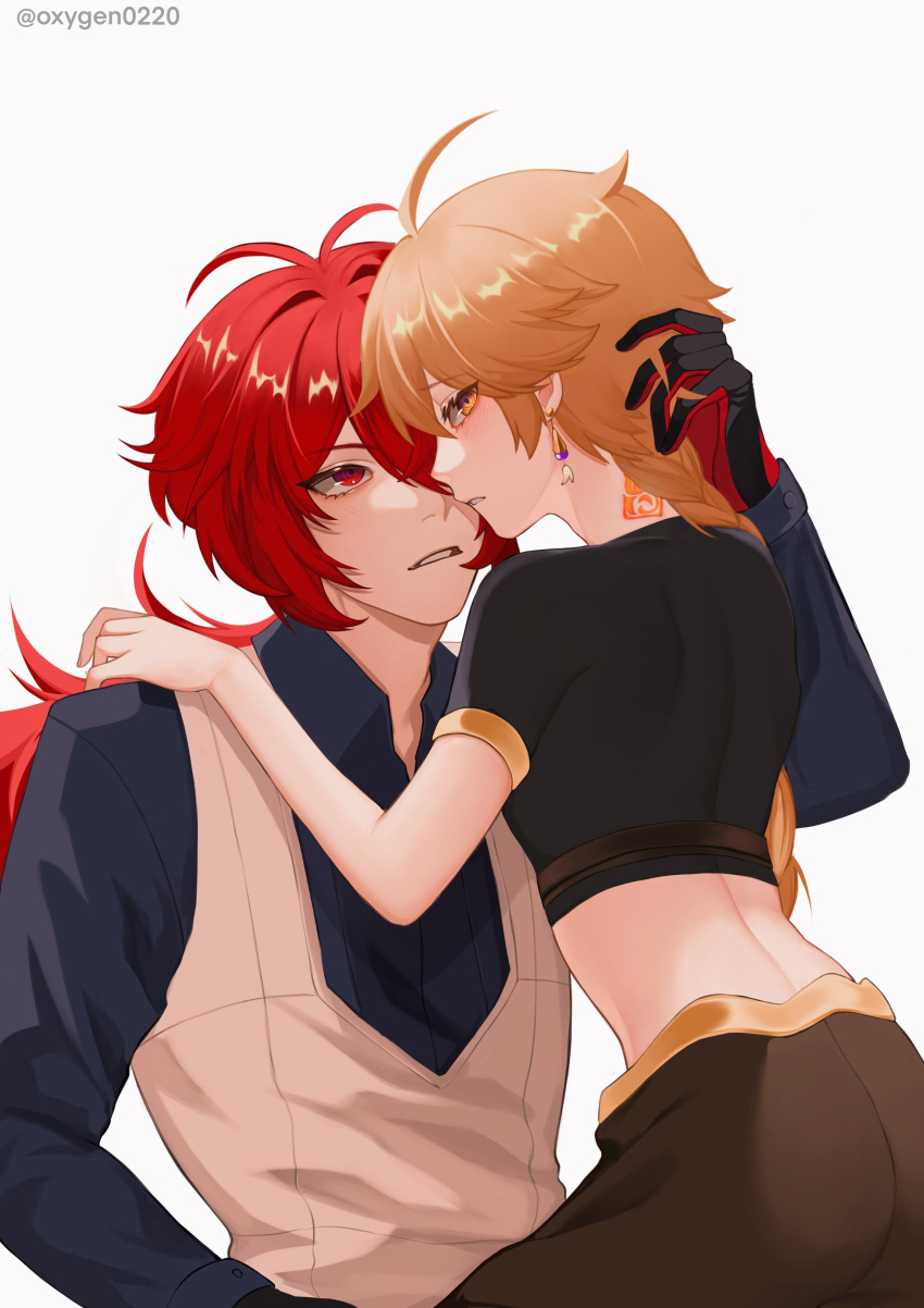 2boys absurdres aether_(genshin_impact) bangs blonde_hair blush braid diluc_(genshin_impact) earrings eyebrows_visible_through_hair genshin_impact gloves hair_between_eyes hair_ornament highres jewelry long_hair long_sleeves male_focus multiple_boys oxygen ponytail red_eyes red_hair shirt tattoo teeth twitter_username vest white_background yaoi yellow_eyes