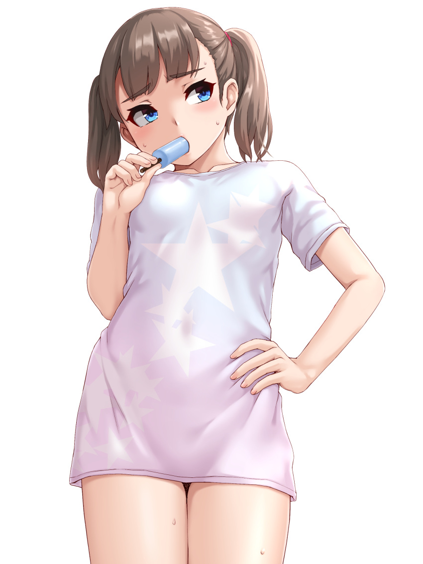 absurdres blue_eyes blush brown_hair commentary_request cowboy_shot eating facing_viewer female flat_chest food hand_on_own_hip highres holding holding_food ice_cream john_doe_shinobu long_shirt looking_to_the_side original popsicle shirt short_sleeves simple_background solo standing star_(symbol) sweat thighs twintails white_background