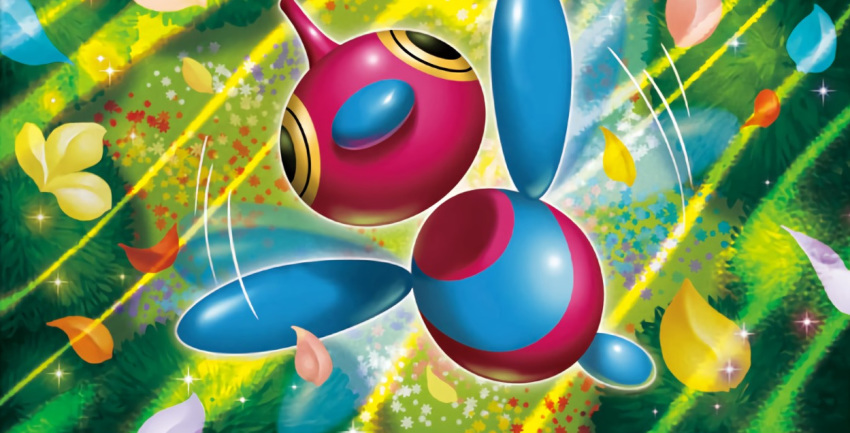 abstract_background bird bird_focus creature floating full_body gen_4_pokemon horn looking_at_viewer no_humans official_art petals pokemon pokemon_(creature) pokemon_trading_card_game porygon-z solo tsutsui_misa