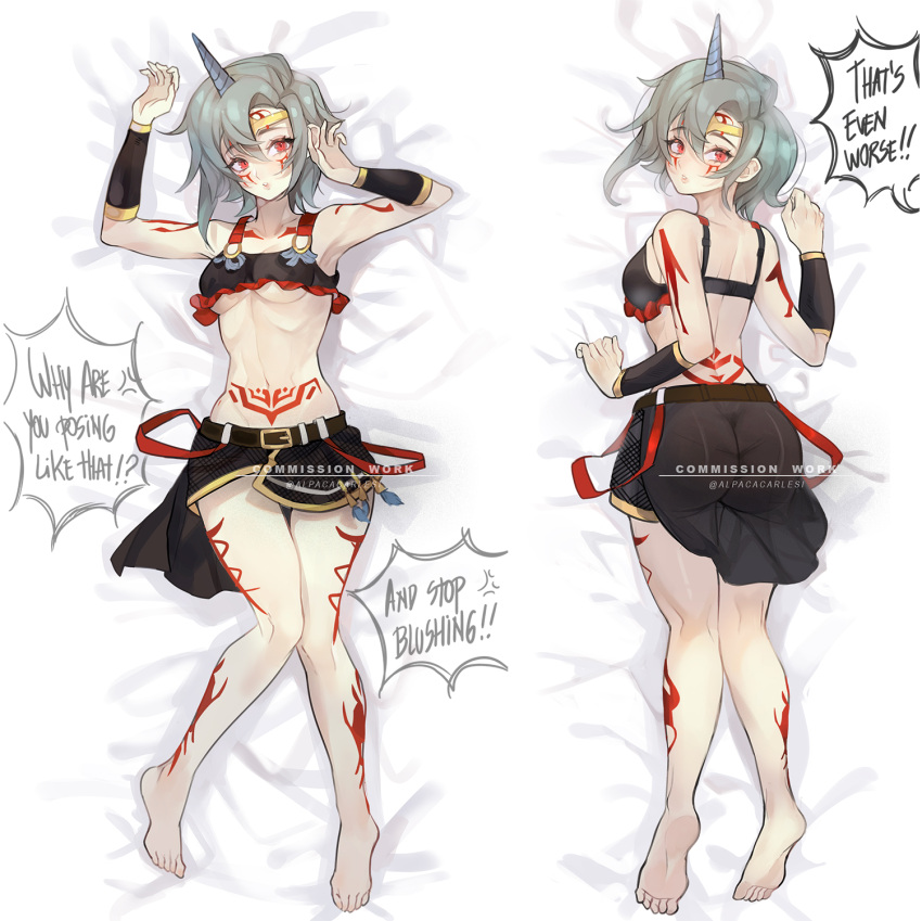 alpaca_carlesi armpits arms_up ass barefoot bed_sheet belt blue_hair body_markings breasts circlet commission dakimakura_(medium) english_text feathers female frills highres horns lips looking_at_viewer midriff multiple_views pixel_valepha_arbess red_eyes resolem short_hair single_horn skirt small_breasts suspenders suspenders_hanging tattoo underboob watermark