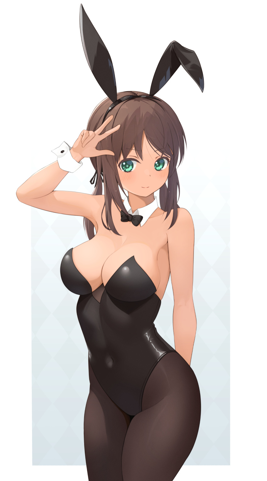 absurdres alice_gear_aegis animal_ears black_bow black_bowtie black_leotard black_pantyhose bow bowtie breasts brown_hair cleavage cowboy_shot dark-skinned_female dark_skin detached_collar female gradient_background green_eyes highleg highleg_leotard highres kaneshiya_sitara large_breasts leotard long_hair looking_at_viewer low_ponytail md5_mismatch nasuno pantyhose playboy_bunny ponytail rabbit_ears resolution_mismatch sidelocks solo source_smaller strapless strapless_leotard v white_background wrist_cuffs