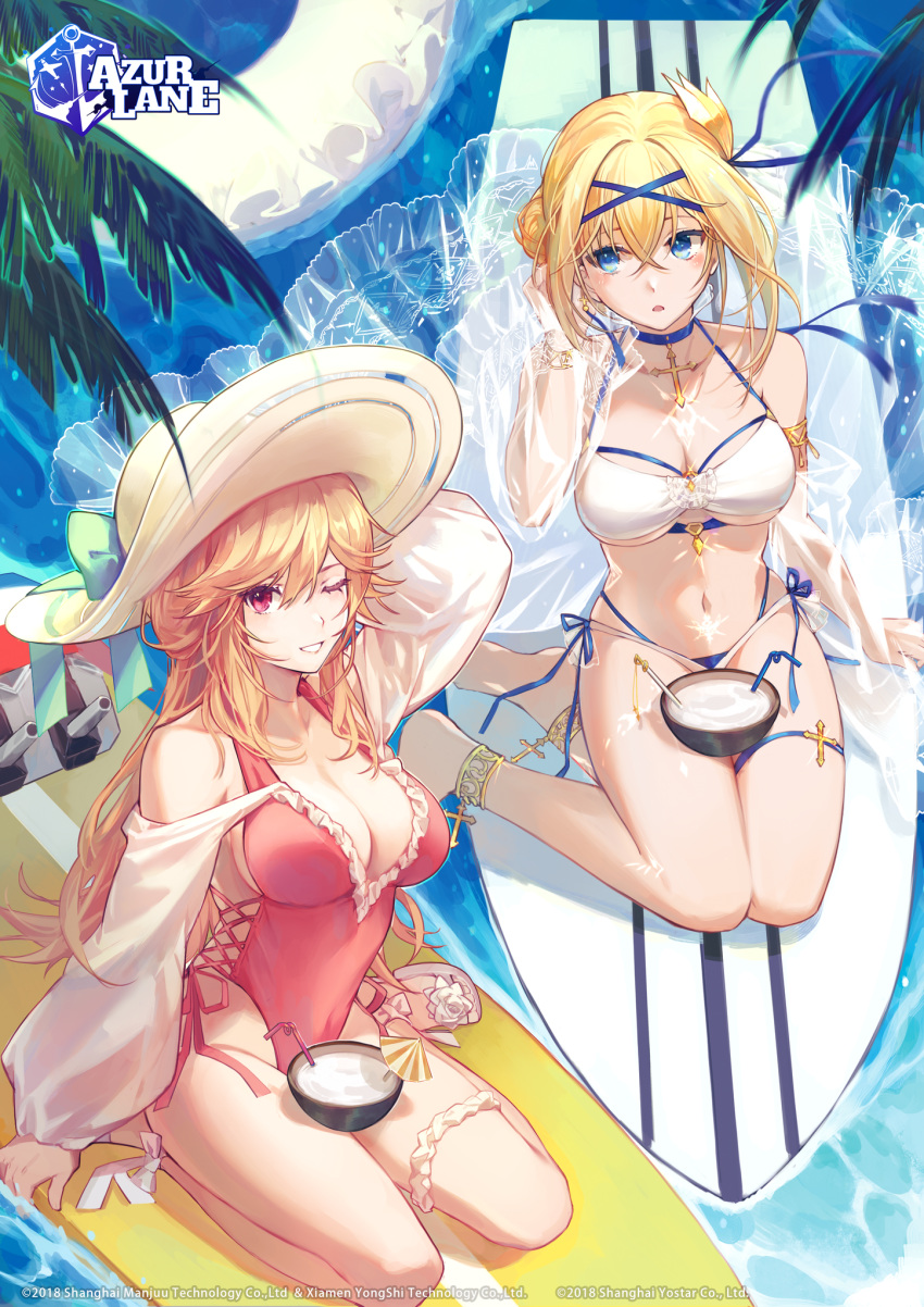 2girls anklet arm_up azur_lane bare_shoulders bikini blonde_hair blue_eyes breasts choker cleavage commentary cross csyday english_commentary frills glowing_tattoo grin hair_bun halterneck hat highleg highleg_swimsuit highres jeanne_d'arc_(azur_lane) jeanne_d'arc_(saintess_of_the_sea)_(azur_lane) jewelry large_breasts layered_bikini long_hair long_sleeves looking_at_another looking_at_viewer multiple_girls navel official_alternate_costume official_art one-piece_swimsuit one_eye_closed pink_one-piece_swimsuit richelieu_(azur_lane) richelieu_(fleuron_of_the_waves)_(azur_lane) side-tie_bikini_bottom single_side_bun sitting smile stomach string_bikini sun_hat surfboard swimsuit thigh_strap thighs turret very_long_hair water white_bikini white_headwear