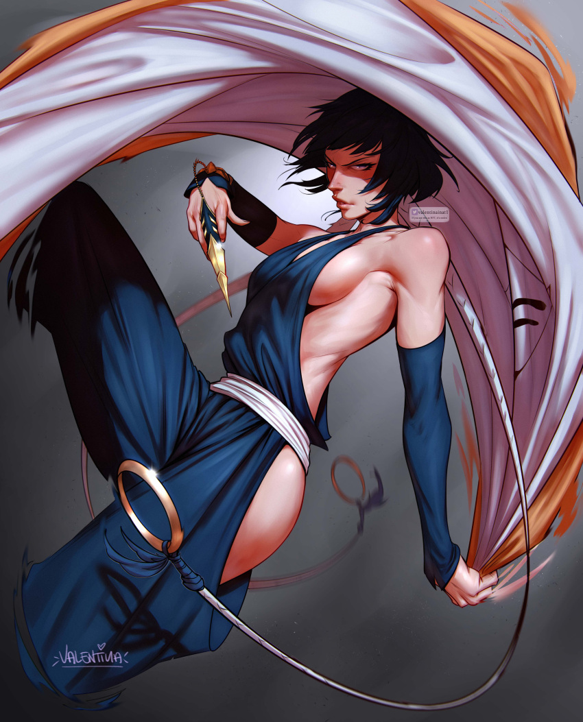 absurdres artist_name backless_outfit bare_shoulders black_hair bleach breasts closed_mouth detached_sleeves female grey_background haori highres hip_vent japanese_clothes long_hair looking_at_viewer medium_breasts sash shaded_face shikai sideboob solo sui-feng suzumebachi_(shikai) thick_lips valentina_tavolilla watermark white_sash