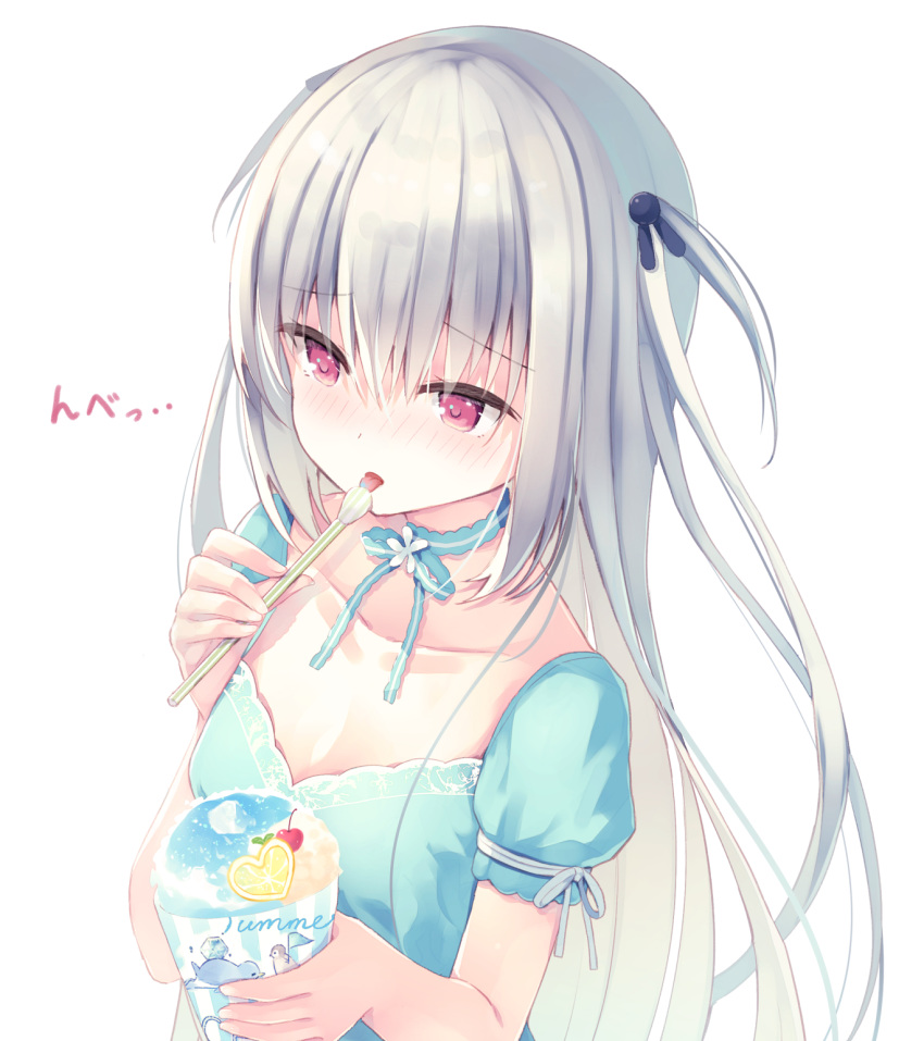 blue_bow blue_dress blush bow collarbone colored_tongue commentary_request cup disposable_cup dress drinking_straw female flower food hair_between_eyes hair_ornament hand_up highres holding holding_cup holding_drinking_straw holding_spoon humuyun licking long_hair looking_away nose_blush original puffy_short_sleeves puffy_sleeves rabbit_hair_ornament red_eyes shaved_ice short_sleeves simple_background solo spoon spoon_straw tongue tongue_out translation_request two_side_up very_long_hair white_background white_flower white_hair