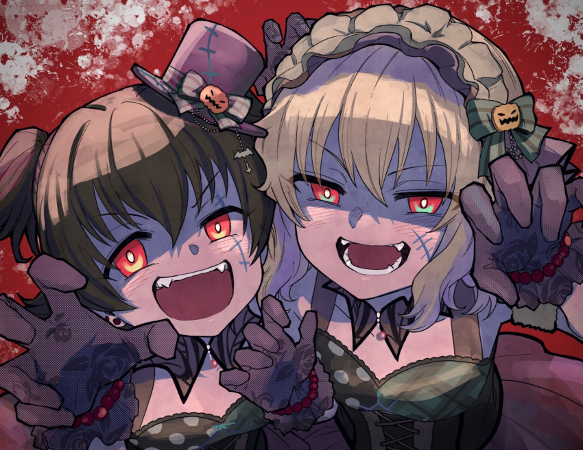 2girls akagi_miria armband black_collar black_gloves black_headwear blood blood_splatter blue_dress brown_hair claw_pose collar commentary detached_collar dress evil_smile fangs frilled_hairband frills glaring gloves glowing glowing_eyes grey_hair grey_headband hairband halloween halloween_costume hat headband highres idolmaster idolmaster_cinderella_girls jack-o'-lantern_ornament kyouno looking_at_viewer medium_hair mini_hat mini_top_hat multiple_girls open_mouth red_background red_eyes sakurai_momoka scar scar_on_face short_hair short_twintails sleeveless sleeveless_dress smile the_villain's_night tilted_headwear top_hat twintails underbust v-shaped_eyebrows wing_collar