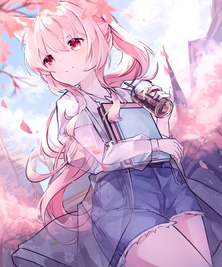 animal_ear_fluff animal_ears blue_shorts blue_sky book building cat_ears coat commentary commission cowboy_shot denim denim_shorts drink female highres holding holding_book holding_drink long_hair long_sleeves looking_afar miyu_(miy_u1308) original outdoors petals pink_hair pixiv_commission ponytail red_eyes see-through see-through_coat shirt short_sleeves shorts sidelocks sky skyscraper smile solo white_shirt