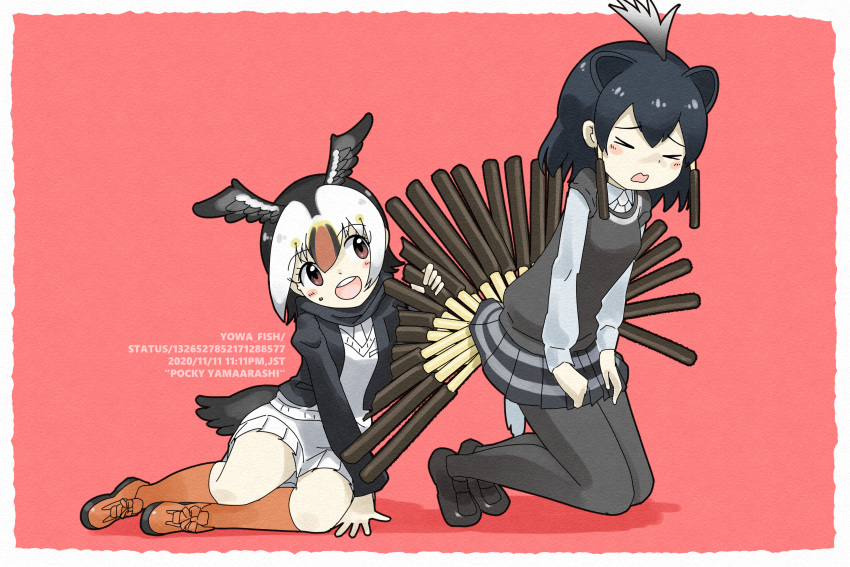 >_< 2girls :d animal_ears atlantic_puffin_(kemono_friends) bird_tail bird_wings black_hair blonde_hair border candy cardigan closed_eyes commentary crested_porcupine_(kemono_friends) d: dx extra_ears food food_on_face full_body grabbing grey_hair head_wings highres iwa_(iwafish) kemono_friends kneeling leaning_to_the_side long_sleeves looking_at_another medium_hair microskirt multicolored_hair multiple_girls necktie open_cardigan open_clothes open_mouth oversized_food oversized_object pantyhose pocky porcupine_ears red_background red_eyes red_hair scarf shoes simple_background sitting skirt smile socks sweater sweater_vest tail white_hair wings