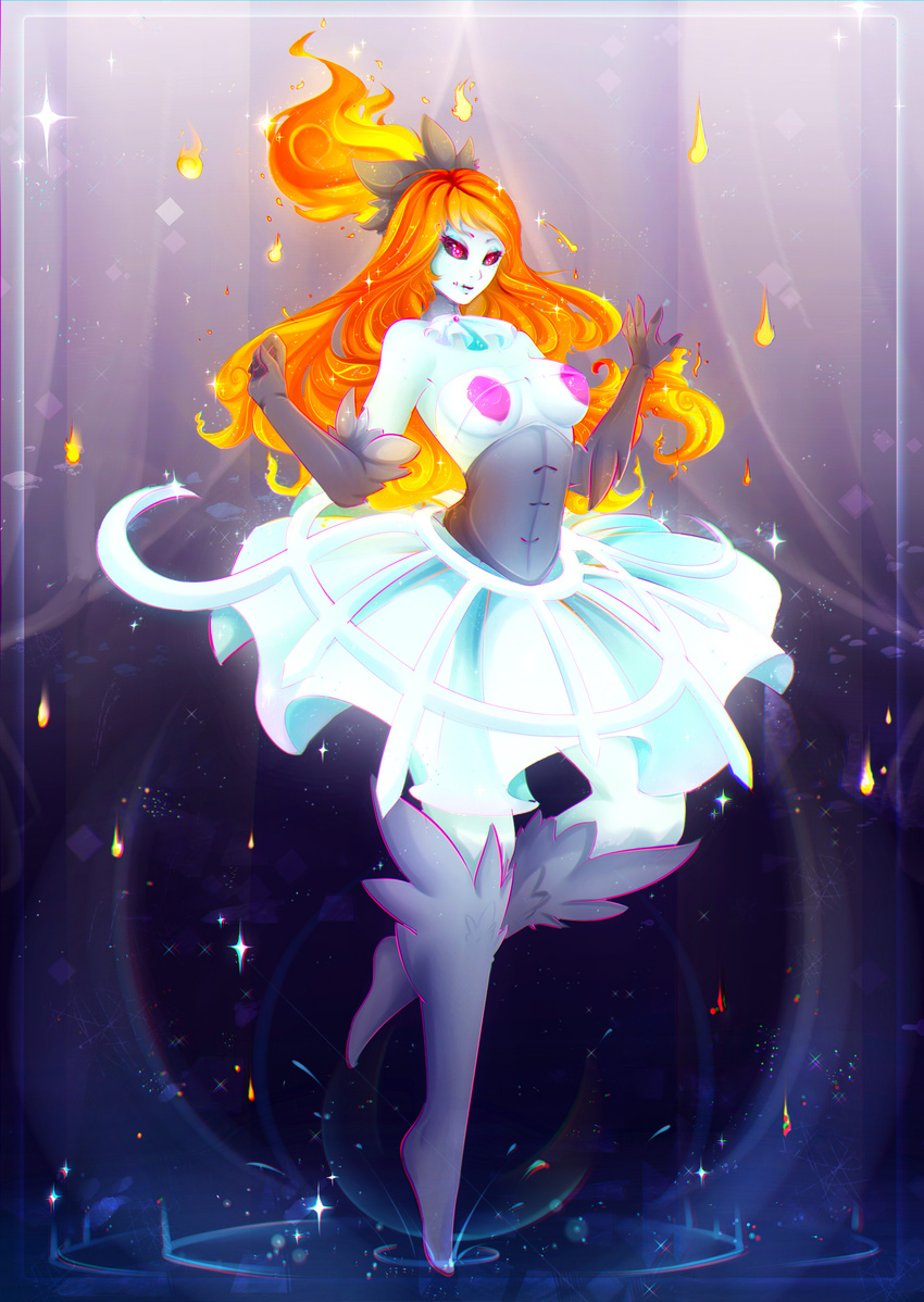 2016 abstract_background absurd_res blonde_hair blue_body blue_skin chandelure clothed clothing corset corset_dress dress female generation_5_pokemon hair hi_res hindpaw koveliana lingerie lips long_hair nintendo paws pokemon pokemon_(species) pokemorph red_eyes red_hair solo standing topwear