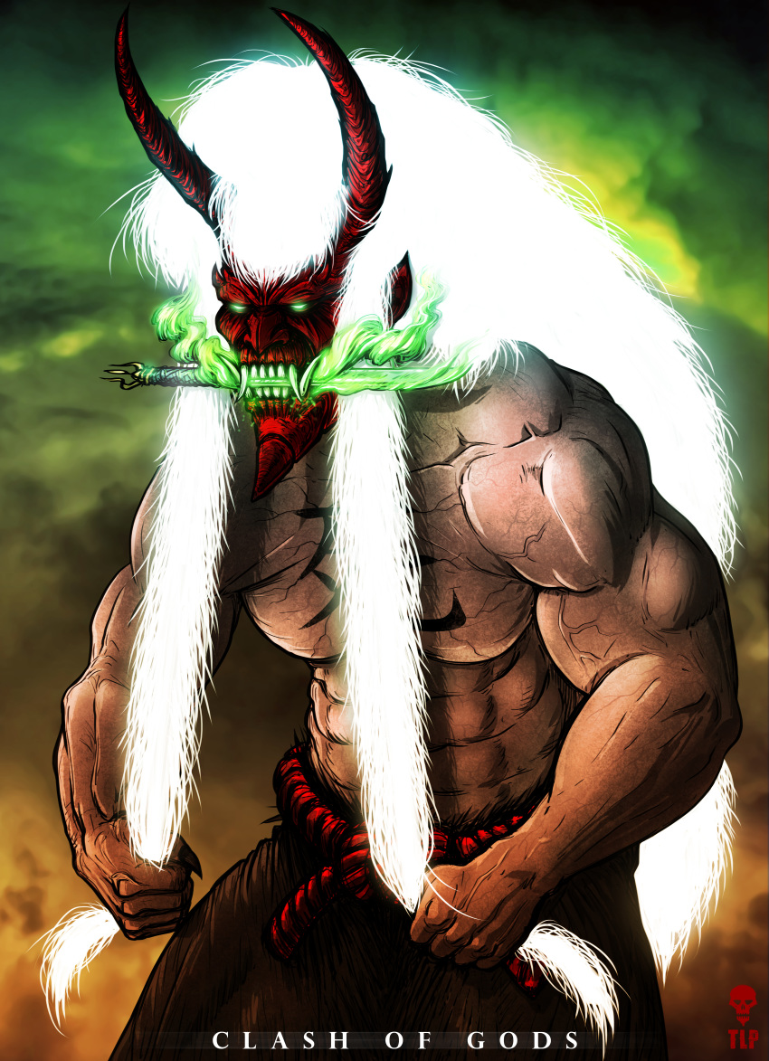 absurd_res asian_mythology blank_eye claws clothed clothing dagger deity demon east_asian_mythology green_eyes hair hi_res horn japanese_mythology knife long_hair looking_at_viewer magic male melee_weapon muscular muscular_male mythology not_furry shinigami solo the-last-phantom topless weapon white_hair