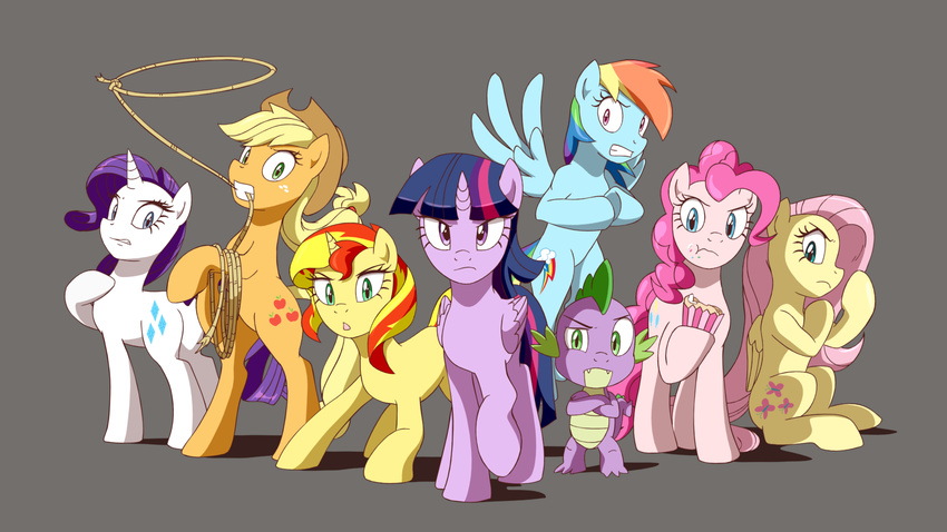 16:9 2016 alicorn applejack_(mlp) deaffinity deannart dragon equestria_girls equid equine feathered_wings feathers female feral fluttershy_(mlp) friendship_is_magic grey_background group hasbro hi_res horn horse lasso looking_at_viewer mammal mane_six_(mlp) my_little_pony mythological_creature mythological_equine mythological_scalie mythology pegasus pinkie_pie_(mlp) pony rainbow_dash_(mlp) rarity_(mlp) rope scalie simple_background spike_(mlp) sunset_shimmer_(eg) tail twilight_sparkle_(mlp) unicorn widescreen wings